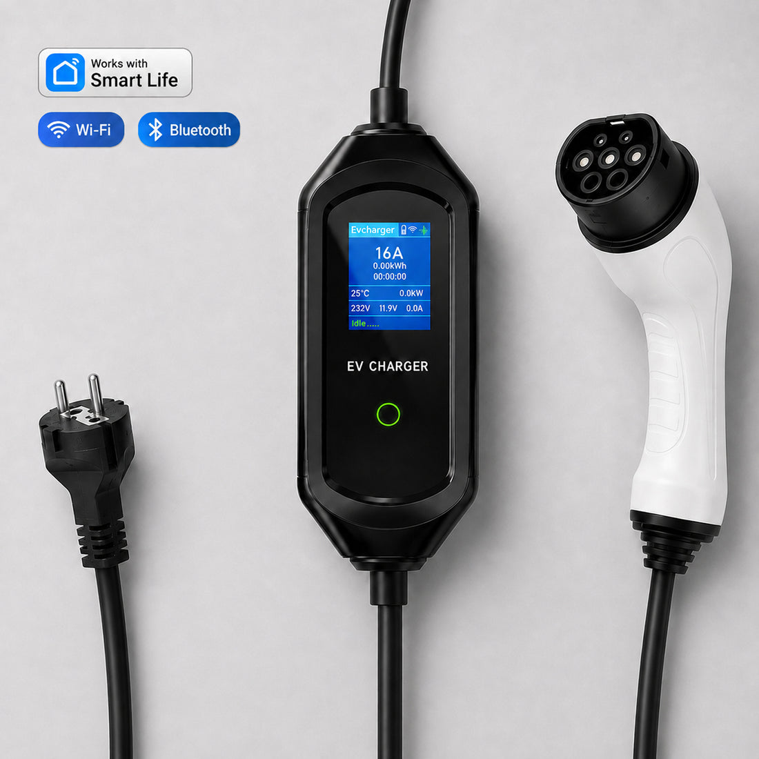 Chargeur nomade Type 2 EZEVEN-EV 3,5 kW avec boîtier de commande, câble noir enroulé, prise Schuko et connecteur Type 2