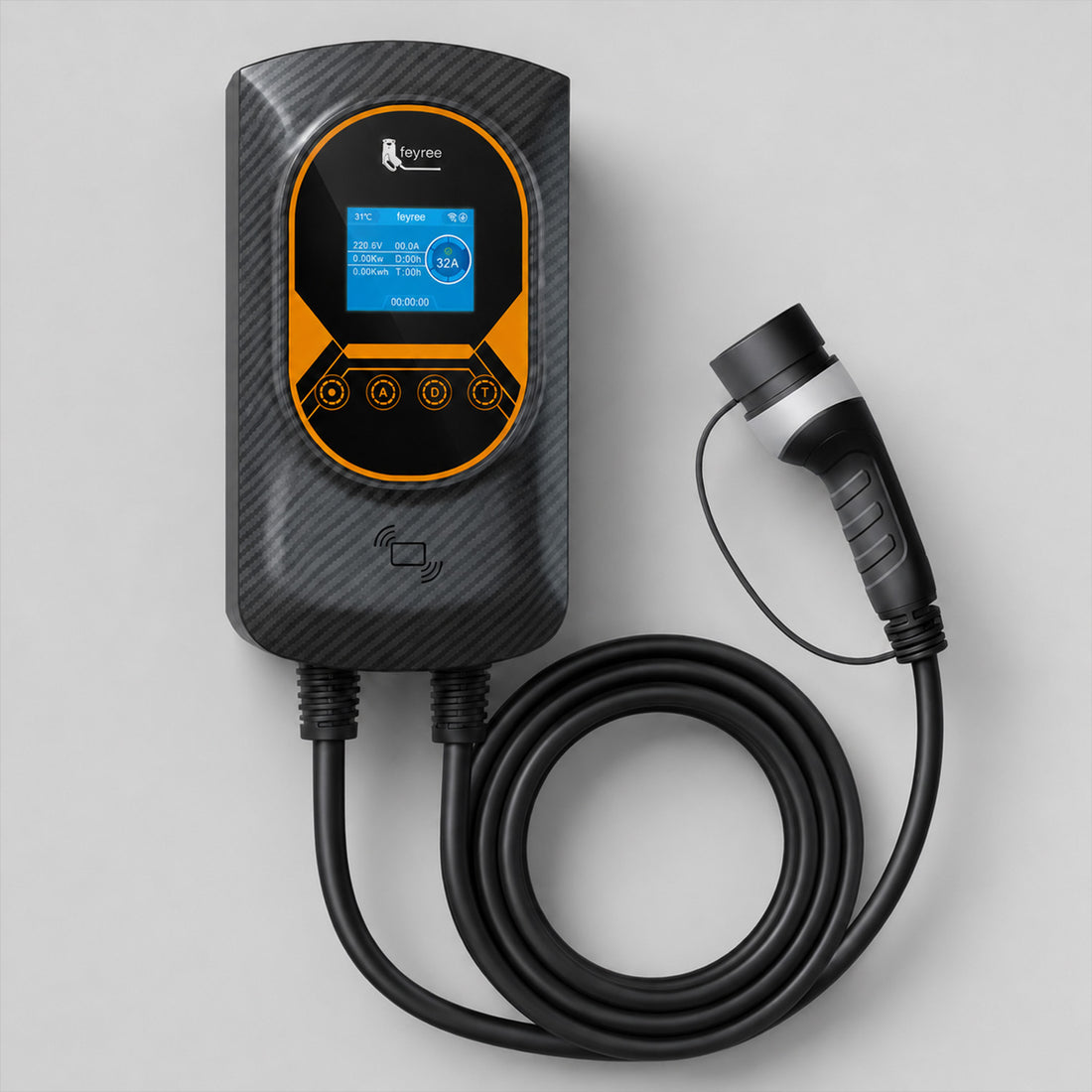 Wallbox Type 2 EZEVEN-EV 7,6 kW murale avec écran LCD couleur, connecteur Type 2 et câble intégré de 5 m
