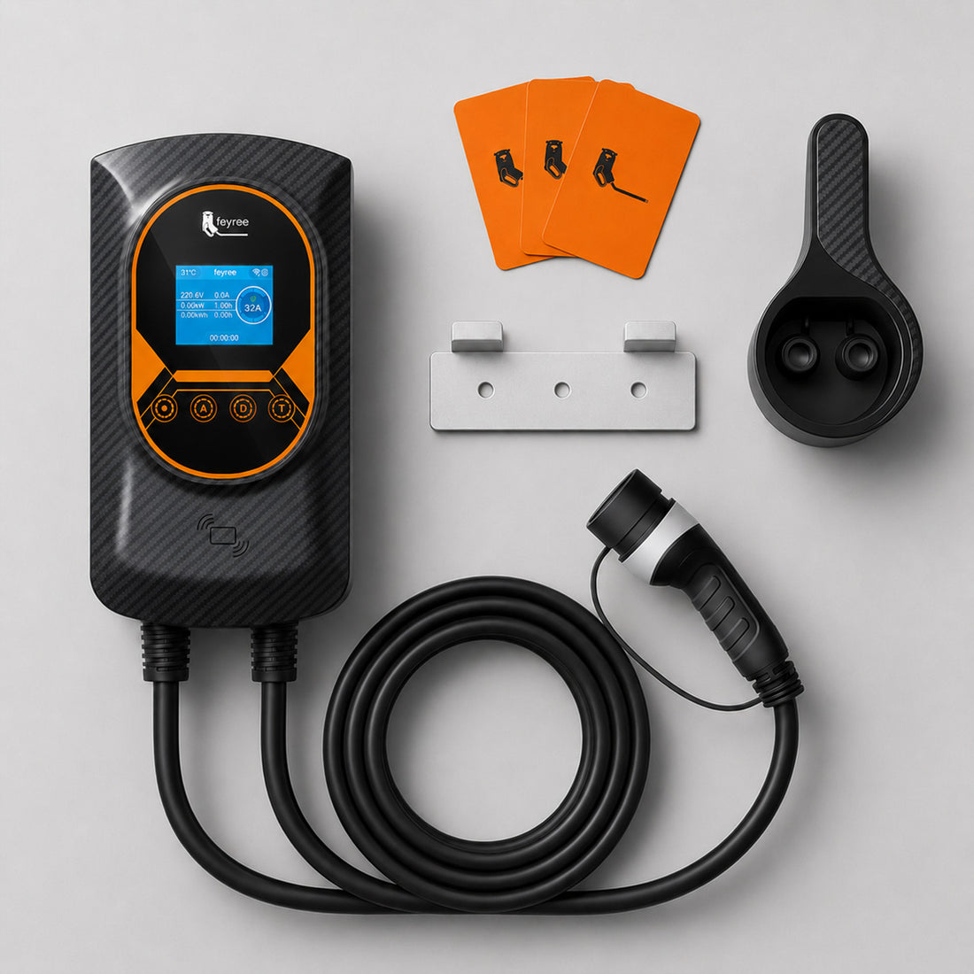 Wallbox Type 2 EZEVEN-EV 7,6 kW murale avec écran LCD couleur, connecteur Type 2 et câble intégré de 5 m